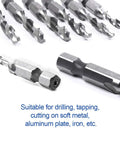 All Purpose Combination Drill And Tap Bit Set Hex Shank HSS Steel Hella Durable Screw Tapping Deburring Countersinking 10 Pack Tool Kit For Professionals close-up of drill bits and hex shank design