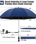 Two Pack Chair Beach Umbrellas With Clamp, 360 Degree Adjustable UPF50 Plus Sun Shade For Beach Chairs, Patio Chairs, And Camping Gear, Ink Blue, Chair Not Included, displayed with sizes and components