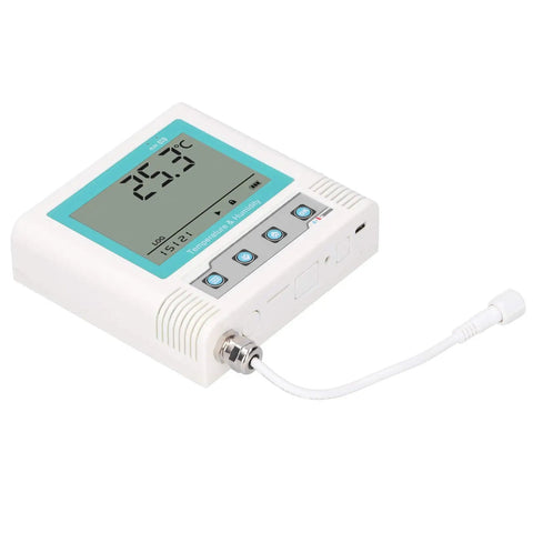 Heavy Duty Lcd Temperature Data Logger With Usb Software Alerts And Rechargeable Battery For Cold Chain Warehouses And Labs showing display and sensors.