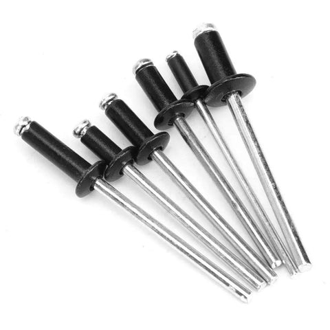 Aluminum Blind Rivet Kit With 120 Rivets In 6 Sizes M2.4x6 M4x8 And More, Smooth Black Finish, Easy Install For Pneumatic Electric And Manual Rivet Guns, Perfect For Repair, Assembly And Construction Projects. Black aluminum blind rivets in six sizes arranged on white background