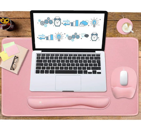 4-In-1 Memory Foam Keyboard Wrist Rest And Large Mouse Pad Desk Mat Set Pink Ergonomic Cozy Hand Cushion on wood desk