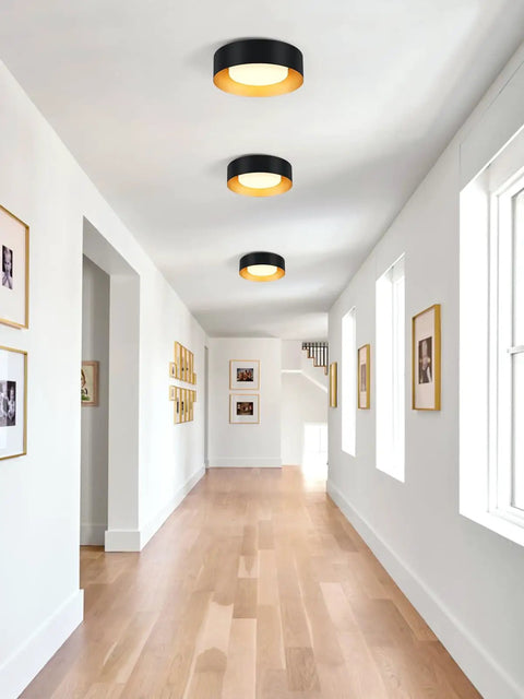 Modern Black And Gold Flush Mount Ceiling Light With Glass Drum Shade Close To Ceiling Round Fixture For Bedroom Living Room Dining Room Hallways And Bathroom Minimalist Style installed in bright hallway.