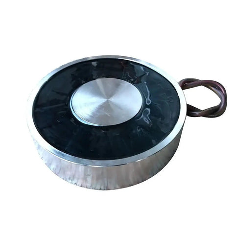 Heavy Duty 24V Electric Magnetic Lifter Cylindrical Suction Plate 14000KG Capacity with round base and hook for industrial lifting.
