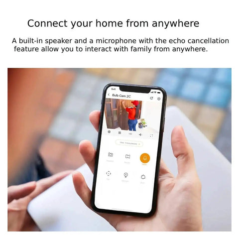 Smart 5Mp E27 Screw In Surveillance Camera with AI Motion Tracking and Human Detection Offers Seamless Indoor Coverage This 360 Degree Rotating Light Bulb Security Cam Provides Crystal Clear Night Vision And Custom Zones to Lock Down Peace of Mind displayed on smartphone.