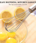 Close-up of Go-To Stainless Steel Balloon Whisk in action with eggs, highlighting rust-resistant 12-inch whisk for cooking.