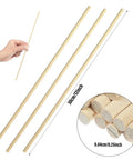 50 Pack Straight Up Real Deal Wooden Dowel Rods 1/4 X 12 Inches Natural Hardwood Craft Sticks For Baking And Weekend Diy Kid Safe Non Toxic Smooth Finish Wood Shafts in hand with three rods visible.