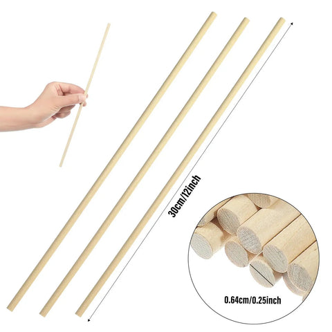 50 Pack Straight Up Real Deal Wooden Dowel Rods 1/4 X 12 Inches Natural Hardwood Craft Sticks For Baking And Weekend Diy Kid Safe Non Toxic Smooth Finish Wood Shafts in hand with three rods visible.