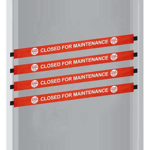 Hecka Visible 4 Pack Closed For Maintenance Magnetic Door Signs For Metal Frames With Bold Red Text And Secure Clips on door.