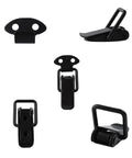 Various angles of Six Pack Black Spring Lock Clasp Buckle Latch with screws, 1.37-inch stainless steel toggle for toolboxes and cabinets.