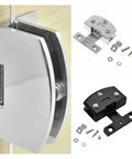 Glass Door Hinge With No Drilling Side Mount Clamp Hardware For Frameless Glass Doors Easy Install shown in silver and black variations