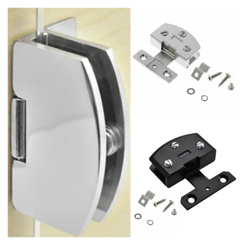 Glass Door Hinge With No Drilling Side Mount Clamp Hardware For Frameless Glass Doors Easy Install shown in silver and black variations