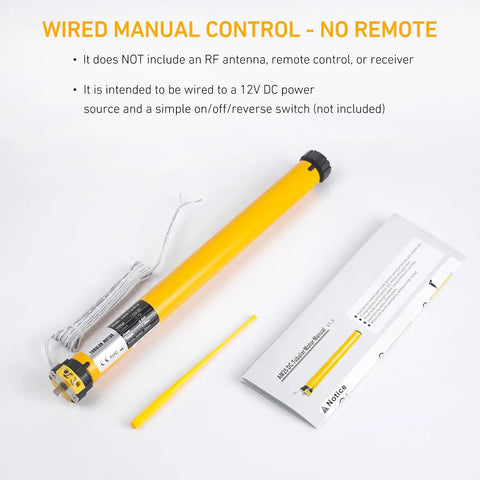 DC 12V Tubular Roller Blind Motor For 30mm Tubes With Built In Mechanical Limit Switch shown with manual and Allen wrench