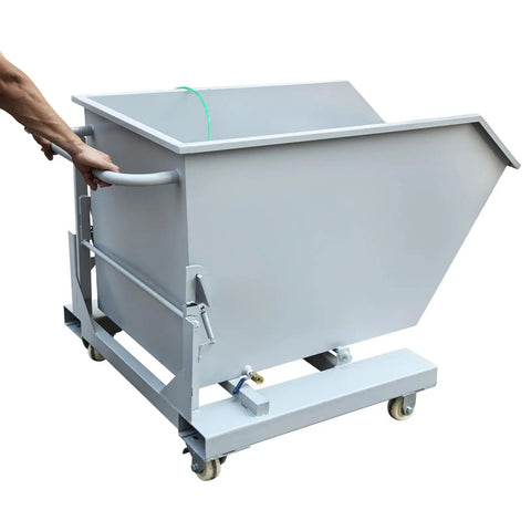 Heavy Duty Self Dumping Hopper With Slick Swivel Casters built tough for dual forklift, showing steel construction and maneuverability.