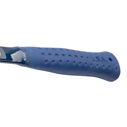 Close-up of blue shock reduction grip on Lineman's 40 oz Hammer For Electricians And Pros With Smooth Face And Shock Reduction Grip, One Piece Forged Construction, Heavy Duty Utility Tool Built For Electrical Work, Contractors, And Serious Diy Projects.