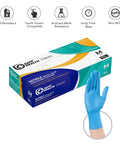 Heavy Duty Textured Nitrile Disposable Gloves Blue Medium 3.5 Mil Rugged Grip Workhorse Exam Gloves in a box with a hand model.