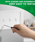 White Decorative Triple Toggle Light Switch Wall Plate 3 Gang Natural Material Cover being installed with screwdriver
