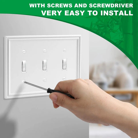 White Decorative Triple Toggle Light Switch Wall Plate 3 Gang Natural Material Cover being installed with screwdriver