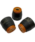Get This Cool 3 Pack Of 249932 Retaining Cups To Keep Your Miller XT30 And XT40 Plasma Cutter Torch Fired Up With Smooth Cuts And Long Life. Three angled views of 249932 retaining cups with black and orange colors.