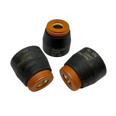 Get This Cool 3 Pack Of 249932 Retaining Cups To Keep Your Miller XT30 And XT40 Plasma Cutter Torch Fired Up With Smooth Cuts And Long Life. Three angled views of 249932 retaining cups with black and orange colors.