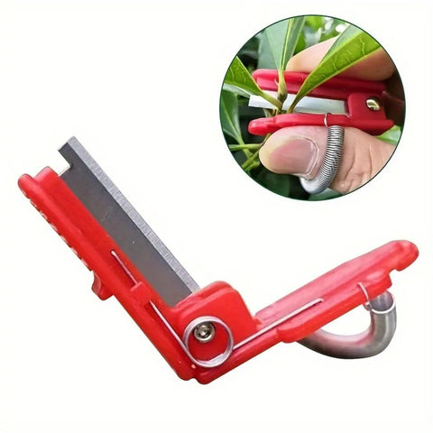 Thumb Knife And Pruning Shears For Leaf Trimming And Fruit Picking In The Garden Lightweight Snips With Precision Stainless Steel Blades And Ergonomic Grip For Easy One Hand Use Indoors And Outdoors Red, close-up view highlighting thumb usage.