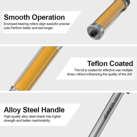 Top And Bottom Bearing Flush Trim Router Bits Set Four Piece Quarter Inch Shank Half Inch Cutting Diameter features smooth operation, Teflon coated bit, alloy steel handle highlights.