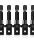 Impact Driver Socket Adapters Set Five Pieces In Durable Black Finish Square Socket Bit Adapters From One Quarter Inch To Three Eighths Inch For Quick Change Drive Extensions And Go To Automotive Diy Projects displayed in a row