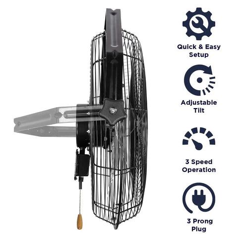 Side view of 18 Inch Wall Mount Fan For Garages, Shops, Barns And Patios, Industrial Grade Cooling With 1450 CFM, features diagram
