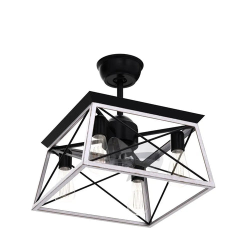Rustic Farmhouse Caged Ceiling Fan With Light and Remote, geometric metal frame, 4 E26 bulbs, vintage industrial style