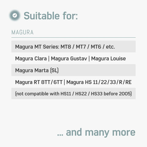 Compatibility list for the Bike Brake Bleed Kit For Magura Hydraulic Disc Brakes With 100ml Mineral Oil, listing Magura models.