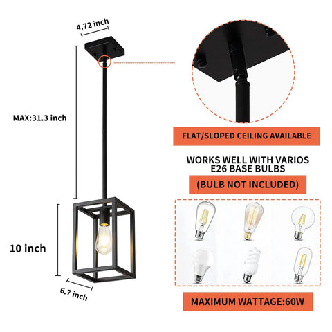 Diagram of Black Pendant Light For Dining Room And Kitchen Island, Dope 1 Light Modern Hanging Fixture with measurements and bulb info