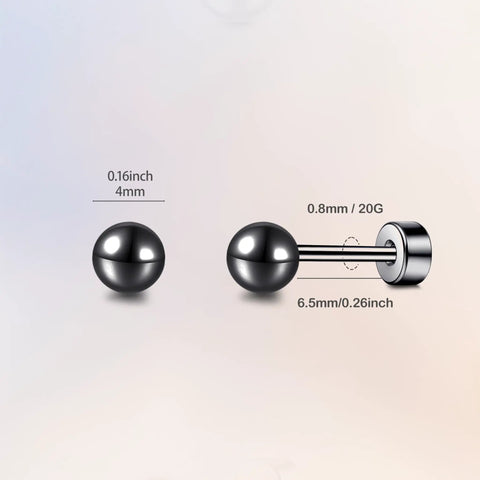 Titanium Screw Back Flat Back Ball Stud Earrings For Women And Men Hypoallergenic Implant Grade F136 Titanium Nickel Free And Lead Free Comfortable Lightweight Unisex Jewelry For Sensitive Ears Go-To Everyday Wear, 4mm black ball, 0.8mm post
