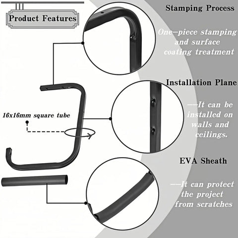 Diagram showing features of Overhead Garage Storage Rack Heavy Duty Ceiling Hooks Utility Hanger, including tubular steel and EVA sheath.