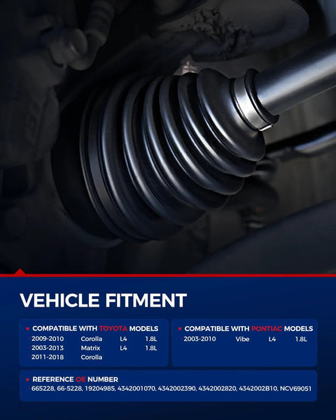 Close-up of Front Driver Side CV Axle Shaft Straight Bolt On Replacement For Toyota Corolla And Pontiac Models with rubber boot.