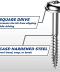 Zinc Pocket Hole Screws One And A Quarter Inch Fine Thread Maxi Loc Head showing square drive and case-hardened steel features.