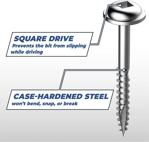 Zinc Pocket Hole Screws One And A Quarter Inch Fine Thread Maxi Loc Head showing square drive and case-hardened steel features.