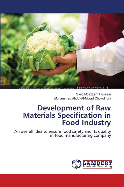 Person holding cauliflower, book titled Development of Raw Materials Specification in Food Industry visible.