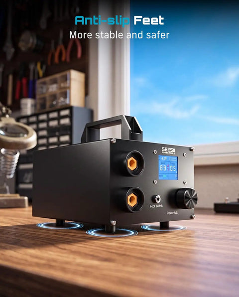 Beast 10KW Capacitive Battery Spot Welder with anti-slip feet on wooden table, LCD display visible.
