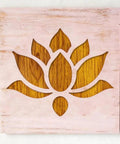 Lotus Flower Acrylic Router Template Seven Nine Inch Square Dead On Clear Floral Inlay Guide cut into wood background.