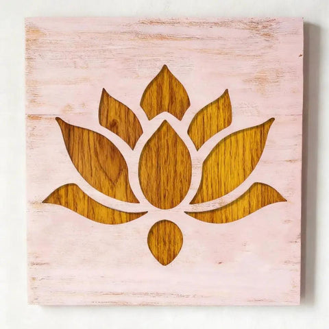 Lotus Flower Acrylic Router Template Seven Nine Inch Square Dead On Clear Floral Inlay Guide cut into wood background.
