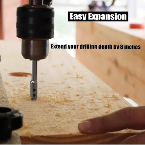 Ten Inch Alloy Steel Forstner Bit Extension Rod For 3/8 Inch Drills being used to extend drilling depth on wood.