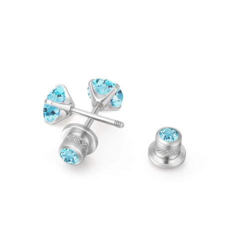 Skip The Itch With These Implant Grade G23 Titanium Screw Back Earrings Featuring Hypoallergenic Design And F136 Certified For Totally Sensitive Tolerant Ears. These aqua CZ earrings are 5mm with a flat back.
