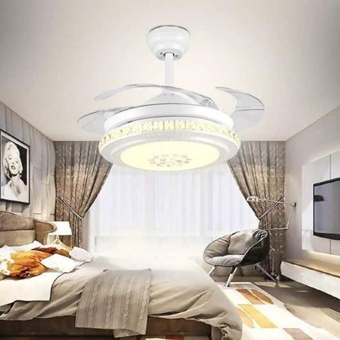 Cool 42 Inch Retractable Ceiling Fan With LED Light And Remote Control, installed in modern bedroom, white finish