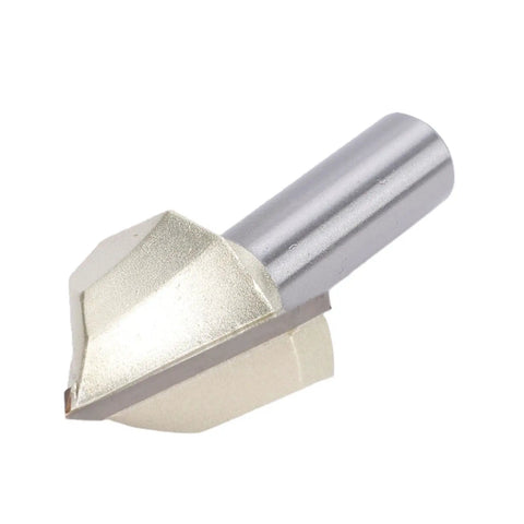 Top Tier 90 Degree V Groove Router Bit With 1/2 Inch Shank For Woodworking Projects, view of steel edge and shank.