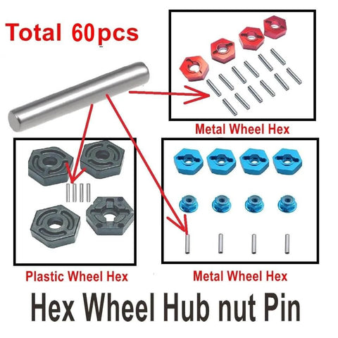 Universal 2X10mm Dowel Pin Wheel Hex Pins For RC Cars 60Piece Set with plastic and metal hex hubs
