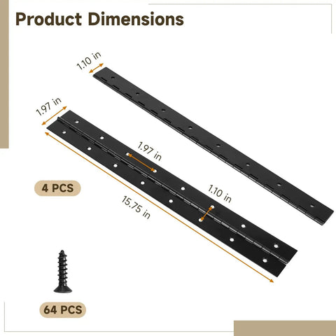 Get Your Grubby Hands On These Badass Heavy Duty Stainless Steel Piano Hinges At 15.75 Inches With Screws Included, Making Installation A Breeze For Tough Cabinet Builds Boat Mods Or Any Sick Furniture DIY Job. Product dimensions showing two black piano hinges and screws.