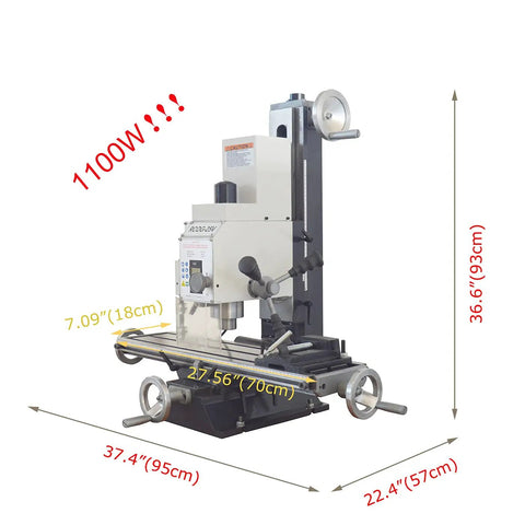 Badass Compact Desktop Milling Machine With Brushless Motor And Smooth Variable Speed, MT3 Spindle Taper Benchtop Drill Press For Metal And Wood Jobs, Garage Grade Precision Workstation 110V side view with dimensions