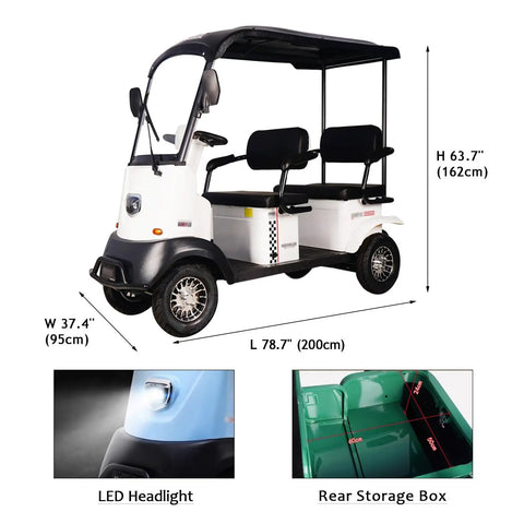 Four Passenger Electric Golf Cart Loaded With An 800W Brushless Motor And 60V Lithium Battery showing dimensions and features.