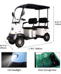 Four Passenger Electric Mobility Scooter Powered By 800 W Brushless Motor, side view showing dimensions and features including LED headlight.