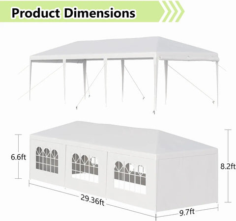 Product dimensions of the 10x30 Ft Outdoor Party Tent With 8 Removable Sidewalls, showing canopy and sidewall details.