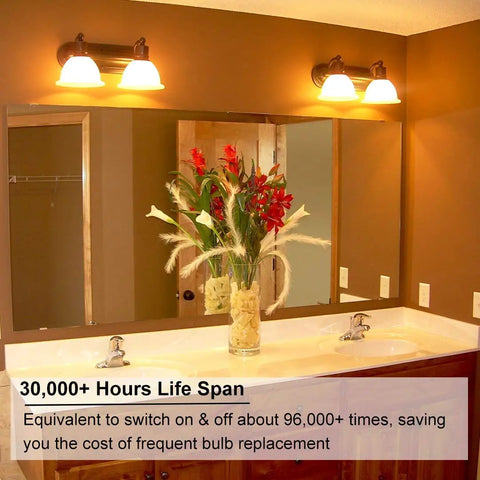Bathroom with Two Pack E12 LED Candelabra Bulbs, 400 Lumens, 4W, 3000K Warm White, high brightness lighting above mirror.